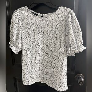 Dokotoo Blue Floral Ribbed Puff Sleeve Blouse Small